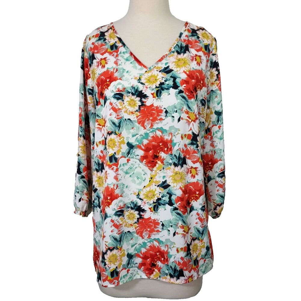 Mario Serrani Italy Women's Size Large V Neck Floral Tunic Top Blouse Flowy